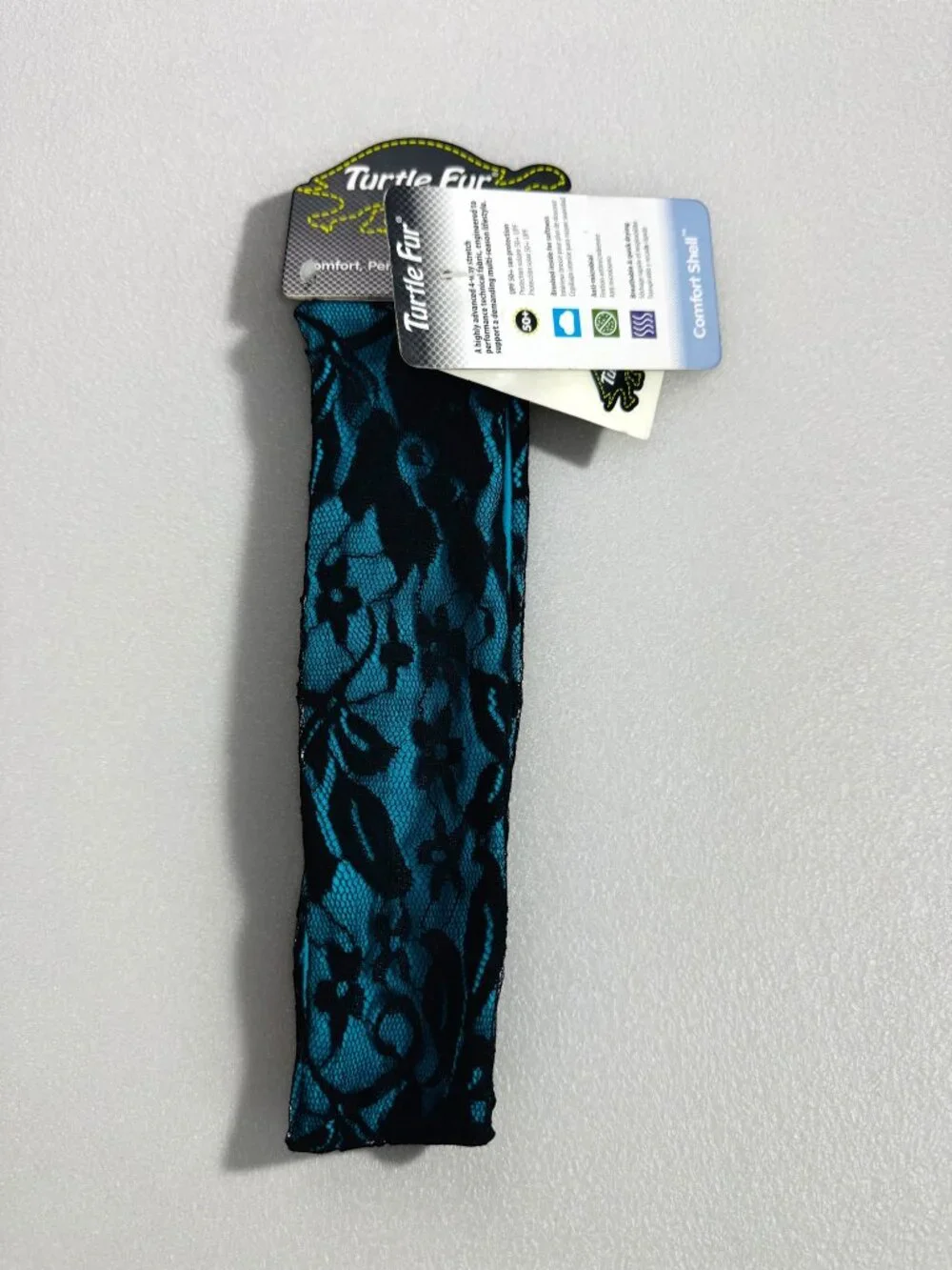 Turtle Fur Teal with Black Lace Stretch Headband Running Band Skiing
